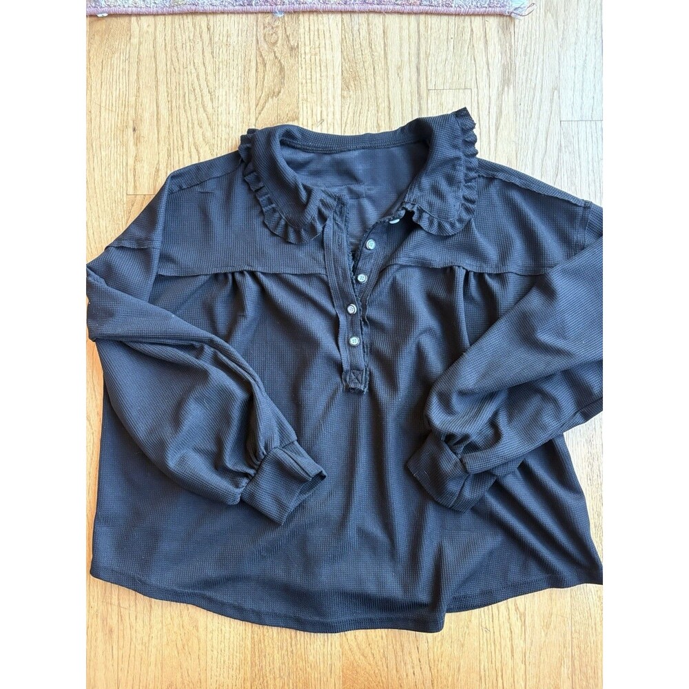 Women’s XL Black Ruffle Collar Long Sleeve Blouse Button Front Cottagecore